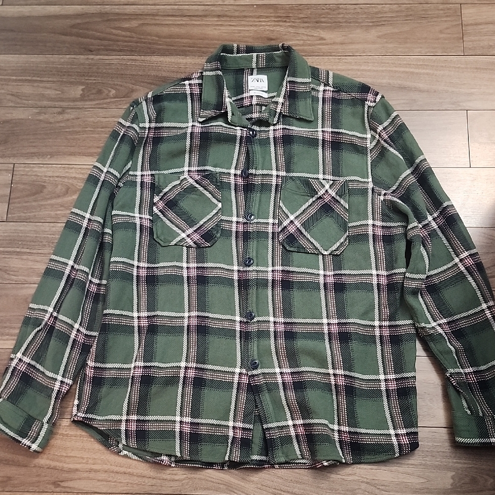 🔥Zara, Green Plaid Men's Button-up Shirt, XL